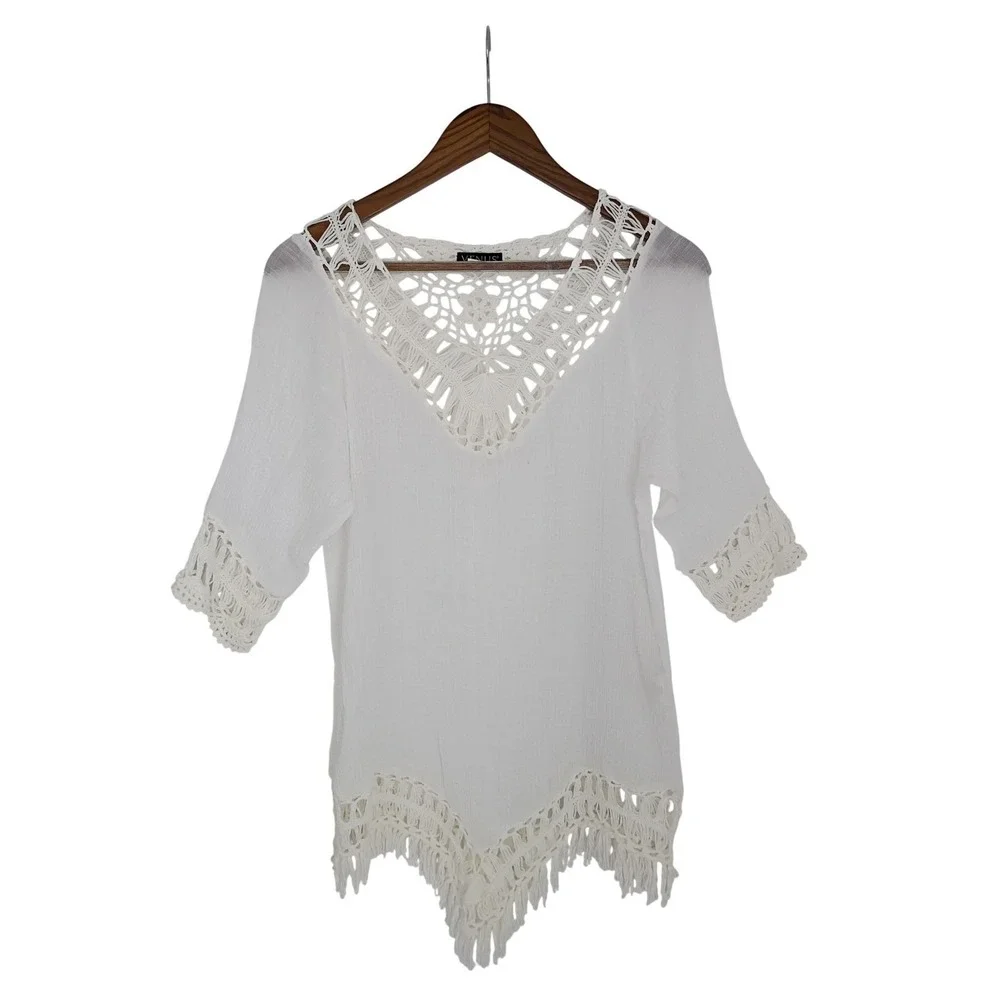 VENUS Made in Italy White Crochet Lace Cotton V Neck Tunic Cover Up Boho L - Picture 2 of 7